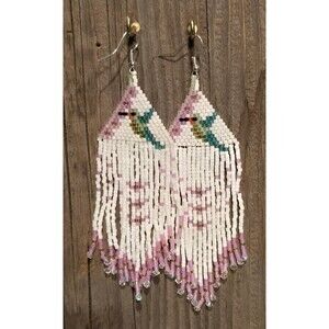 Handmade Beaded Earrings Drop / Dangle Fun Gift Hummingbird White/Pink
